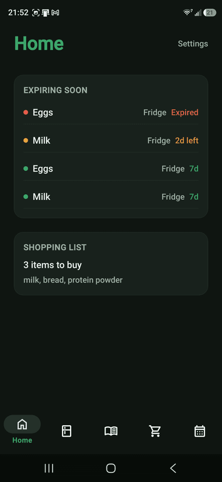Dashboard showing expiring items and a shopping snapshot